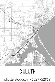 Mapa de Duluth, Minnesota. O mapa mostra a rede de ruas da cidade, as principais estradas e vias navegáveis. A disposição da cidade é claramente visível, com foco na área central e no porto.