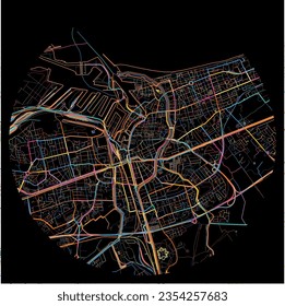Mapa de Dunkerque, Nord con todas las carreteras principales y menores, ferrocarriles y vías fluviales. Coloridas líneas de arte sobre fondo negro.