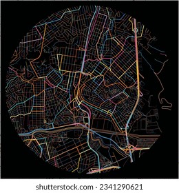 Map of DuquedeCaxias with all major and minor roads, railways and waterways. Colorful line art on black background.