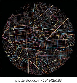 Map of Durango, Durango with all major and minor roads, railways and waterways. Colorful line art on black background.