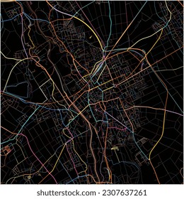 Map of Duren, North Rhine-Westphalia with all major and minor roads, railways and waterways. Colorful line art on black background.