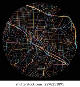 Karte von Durham, North Carolina mit allen wichtigen und kleineren Straßen, Eisenbahnen und Wasserstraßen. Farbige Linienkunst auf schwarzem Hintergrund.