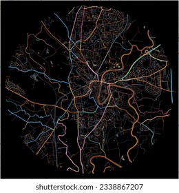 Map of Durham, North East England with all major and minor roads, railways and waterways. Colorful line art on black background.