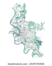 Map of Dusseldorf, Germany. Detailed city vector map, metropolitan area with border. Streetmap with roads and water.