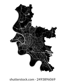 Map of Dusseldorf, Germany. Detailed city vector map, metropolitan area with border. Black and white streetmap with roads and water.