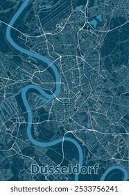 Map of Dusseldorf, Germany, rendered in a minimalist style. The map features a deep blue background with white lines representing roads and waterways.