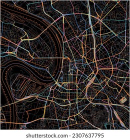 Map of Dusseldorf, North Rhine-Westphalia with all major and minor roads, railways and waterways. Colorful line art on black background.