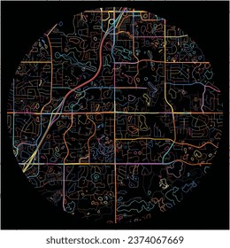 Karte von Eagan, Minnesota mit allen wichtigen und kleineren Straßen, Eisenbahnen und Wasserstraßen. Farbige Linienkunst auf schwarzem Hintergrund.