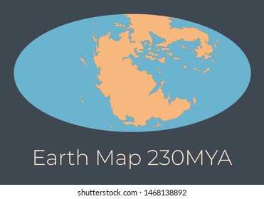 Map of the Earth 230MYA. Vector illustration of Earth map with orange continents and blue oceans isolated on dark grey background. Projection. Prehistoric worldmap. Element for your design.