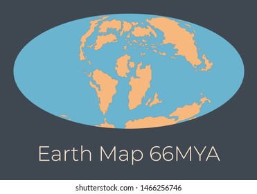 Map of the Earth 66MYA. Vector illustration of Earth map with orange continents and blue oceans isolated on dark grey background. Projection. Prehistoric worldmap. Element for your design.