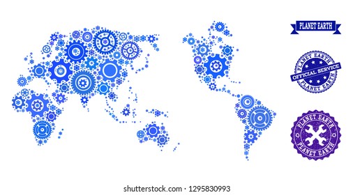 Map of Earth composed with blue cog symbols, and isolated rubber stamps for official repair services. Vector abstract mosaic of map of Earth with technical symbols in blue shades.