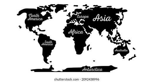 Map Earth continent flat vector. World with Europe, Asia, North and South America, Africa, Australia and Antarctica silhouette atlas illustration.