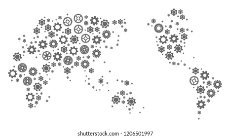 Map of Earth created with gray cog symbols. Vector abstract mosaic of map of Earth with repair symbols. Engineering flat design for repair illustrations.