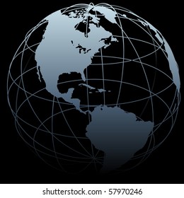 A Map Of Earth On A Globe Symbol With East West Latitude Longitude Lines On A Black Background.