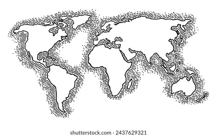 Map earth planet with Asia, Africa, America, Europe, Australia. Vector black vintage engraving illustration isolated on a white background. For web, poster, info graphic.