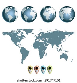 Map of earth planet with continents. Set hemispheres. Stock Vector.