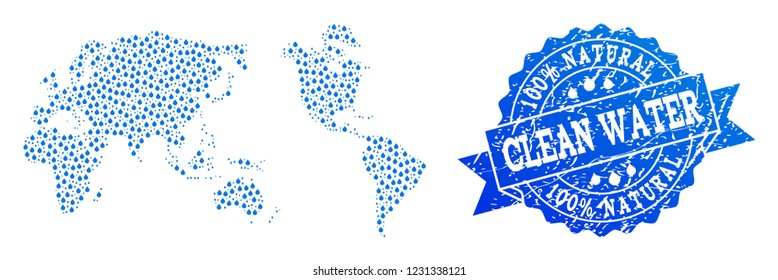 Map of Earth vector mosaic and clean water grunge stamp. Map of Earth designed with blue water dews. Seal with grunge rubber texture for natural drinking water.