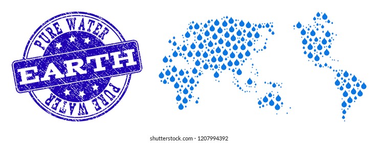 Map of Earth vector mosaic and Pure Water grunge stamp. Map of Earth formed with blue water raindrops. Seal with grunge rubber texture for pure drinking water.
