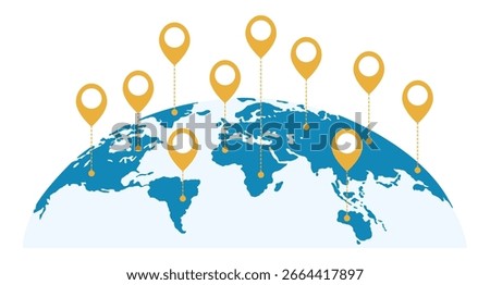 Map of Earths continents with gold geo tagged locations. Navigation GPS pins. International connection. Global planet network. Worldwide communication technology. Travel destinations. Vector concept