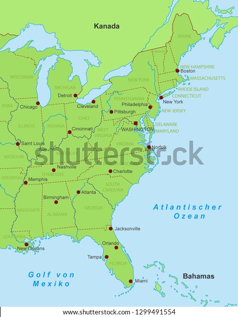 Map East Coast United States German Stock Vector Royalty Free