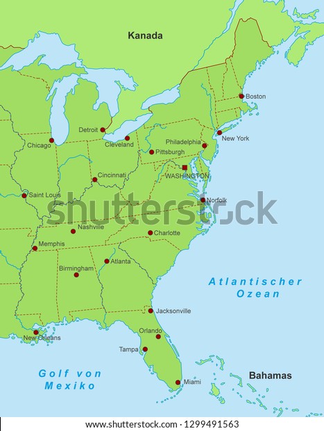 Us Map East Coast Map East Coast United States German Stock Vector (Royalty Free) 1299491554