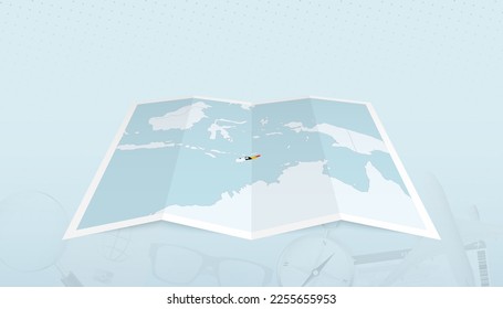 Map of East Timor with the flag of East Timor in the contour of the map on a trip abstract backdrop. Travel illustration.