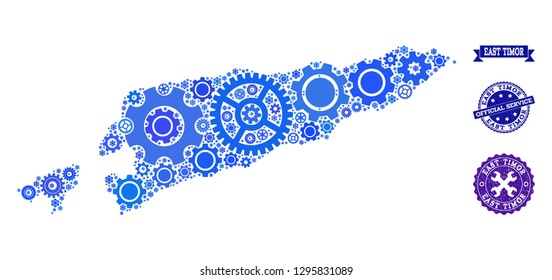 Map of East Timor formed with blue engine components, and isolated scratched seals for official repair services. Vector abstract collage of map of East Timor with industry symbols in blue color tints.
