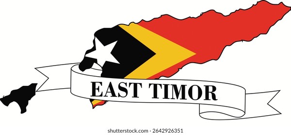 The map of East Timor overlaid with the flag of East Timor and its name written on a ribbon