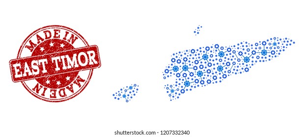 Map of East Timor vector mosaic and Made In grunge stamp. Map of East Timor composed with blue cog links. Made in red seal with retro rubber texture.