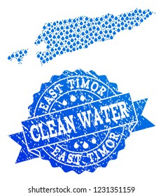 Map of East Timor vector mosaic and clean water grunge stamp. Map of East Timor created with blue water tears. Seal with grunge rubber texture for natural drinking water.