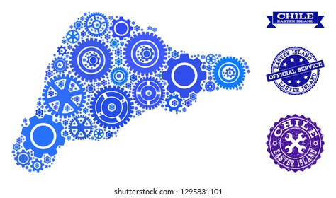 Map of Easter Island created with blue cog symbols, and isolated scratched seals for official repair services.