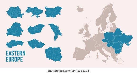 Mapa de Europa del Este. Ucrania, Bielorrusia, Moldavia, Rumania, Bulgaria, Hungría, Eslovaquia, Chequia, Polonia mapas con regiones. Europa mapa aislado sobre fondo blanco. Alto nivel de detalle. Ilustración de vector