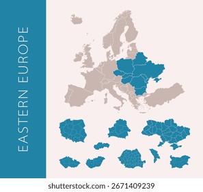 Map of Eastern Europe. Includes Ukraine, Belarus, Romania, Bulgaria, Hungary, Slovakia, Czechia, and Poland with regional divisions. Isolated on a white background. Highly detailed vector illustration