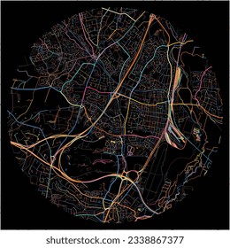 Map of Eastleigh, South East England with all major and minor roads, railways and waterways. Colorful line art on black background.