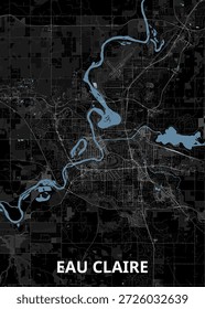 Mapa de Eau Claire, Wisconsin, apresentado em um estilo escuro e minimalista. O layout da cidade é retratado com ruas cinza escuro e edifícios contra um fundo preto, criando um forte contraste.