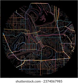 Map of EauClaire, Wisconsin with all major and minor roads, railways and waterways. Colorful line art on black background.