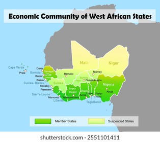 Map of Economic Community of West African States (ECOWAS). Vector education illustration