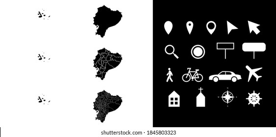 Map of Ecuador administrative regions departments with icons. Map location pin, arrow, looking glass, signboard, man, bicycle, car, airplane, house. Royalty free outline Ecuadorian vector map.