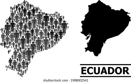 Karte von Ecuador für demografische Plakate. Demografische Vektorgrafik-Collage. Collage Karte von Ecuador erstellt von Personen Elemente. Demografisches Schema in dunkelgrauen Farbtönen.