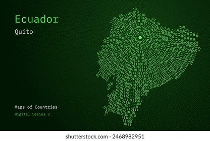 A map of Ecuador depicted in zeros and ones in the form of a circle. The capital, Quito, is shown in the center of the circle	