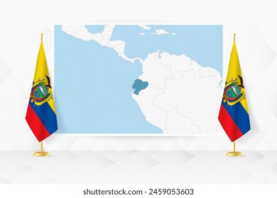 Map of Ecuador and flags of Ecuador on flag stand. Vector illustration for diplomacy meeting.
