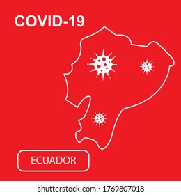 Map of Ecuador labeled "COVID-19". White outline map on a red background. Vector illustration of a virus, coronavirus, epidemiology.