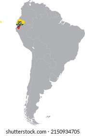 Map of Ecuador with national flag within the gray map of South American continent