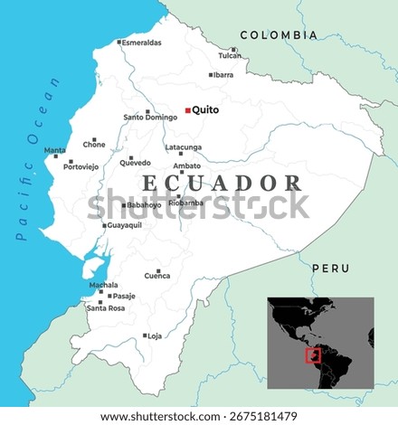 Map of Ecuador showing major cities, borders with Colombia and Peru, and inset highlighting its location in South America