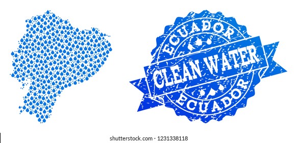 Map of Ecuador vector mosaic and clean water grunge stamp. Map of Ecuador formed with blue water dews. Seal with corroded rubber texture for clear drinking water.