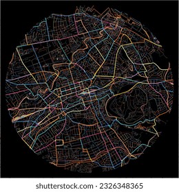 Map of Edinburgh, Edinburgh with all major and minor roads, railways and waterways. Colorful line art on black background.