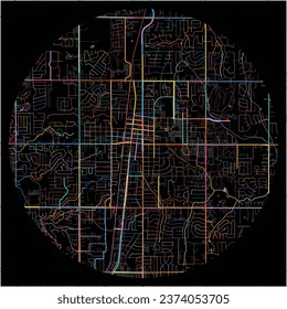 Map of Edmond, Oklahoma with all major and minor roads, railways and waterways. Colorful line art on black background.