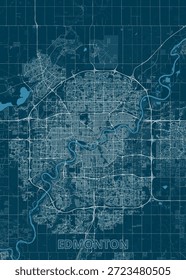 Mapa de Edmonton, Canadá, se presenta en tonos de azul. El trazado de la ciudad, incluidas las calles, los edificios y el río que serpentea a través de ella, se representa con finas líneas blancas