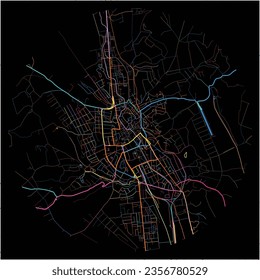 Map of Eger, Heves with all major and minor roads, railways and waterways. Colorful line art on black background.
