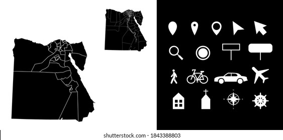 Map of Egypt administrative regions departments with icons. Map location pin, arrow, looking glass, signboard, man, bicycle, car, airplane, house. Royalty free outline Egyptian vector map.